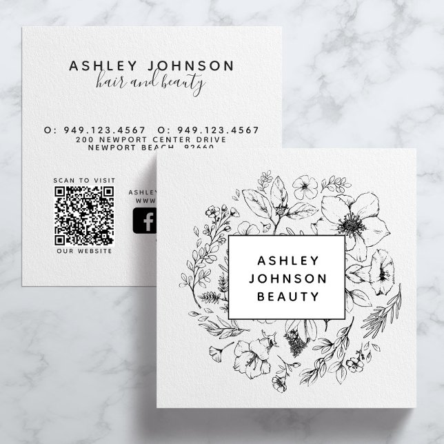 Modern botanisk webbplats med svartvitt QR-kod Fyrkantigt Visitkort (QR Code Social Media Business Card)