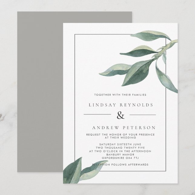 Modern Botaniska Blad Bröllopsinbjudan Inbjudningar (Fram/baksida)