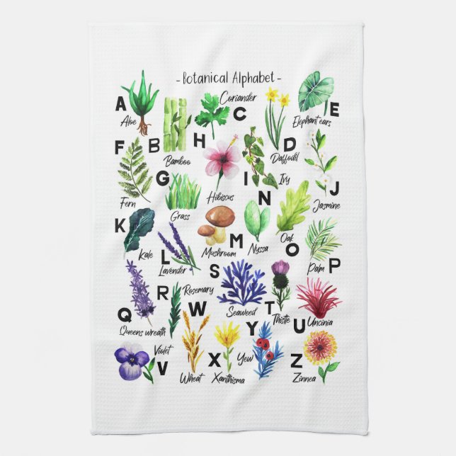 Modern botaniska Blommigten Alphabet Garden Kökshandduk (Vertikal)