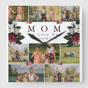 Modern botaniska Blommigten Mamma 8 Fotopresenter Fyrkantig Klocka