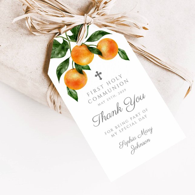 Modern botaniska Citrus Girl First Communion Presentetikett (Modern Botanical Citrus Girl First Communion Gift Tags)