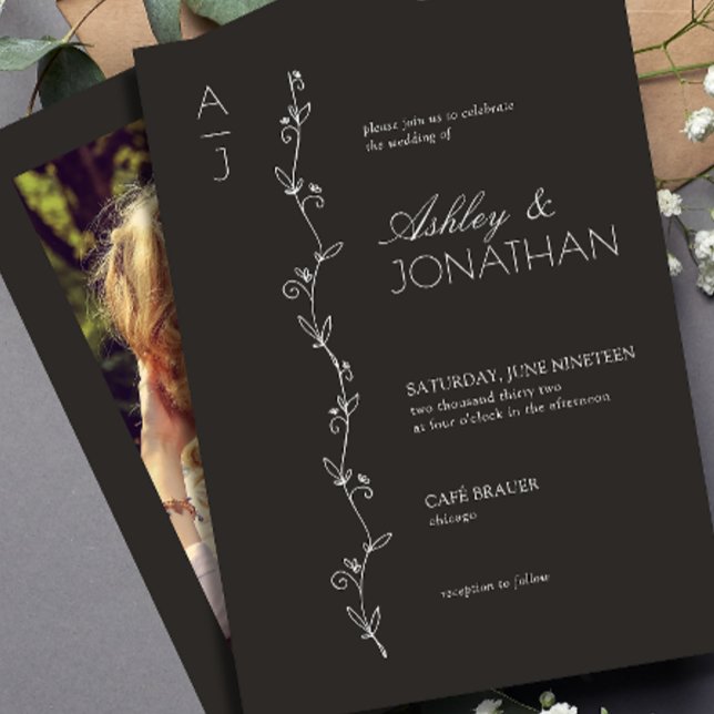 Modern botaniska divider Bröllop Black Photo Inbjudningar (Skapare uppladdad)