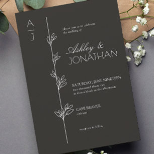 Modern botaniska dividern Bröllop Black Inbjudningar
