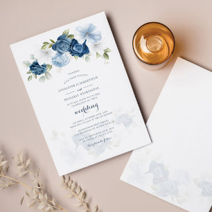 Modern botaniska Dusty Blue Blommigt Bröllop Inbjudningar