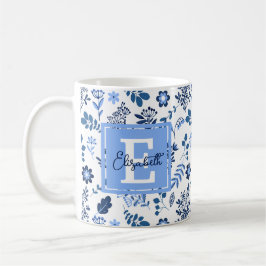 Modern botaniska folkkonst Blue White Monogram Nam Kaffemugg