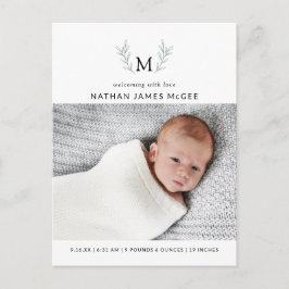 Modern botaniska Greenery Monogram Photos Birth Meddelande Vykort