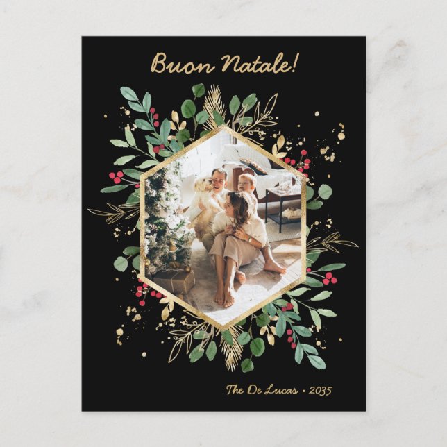 Modern botaniska Greenery Photo Buon Natale Helg Vykort (Framsida)