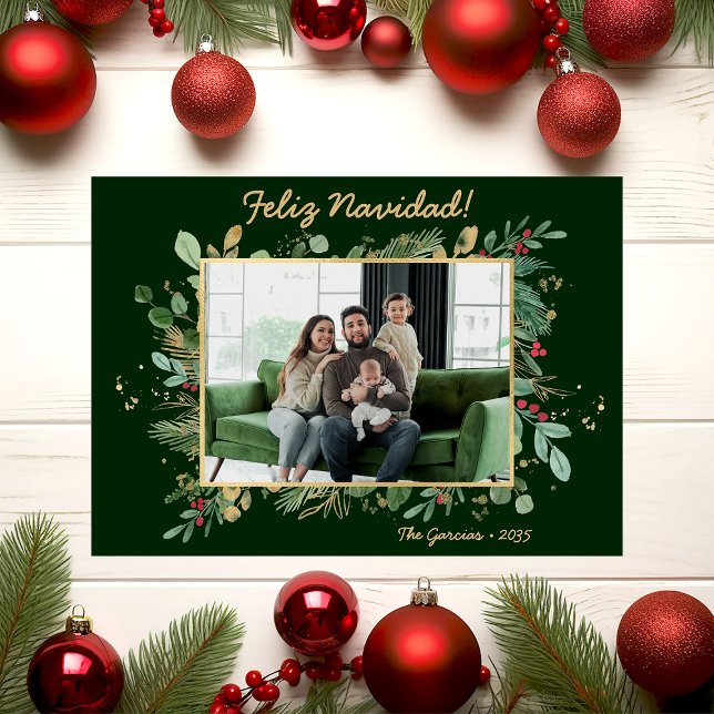 Modern botaniska Greenery Photo Feliz Navidad Julkort (Skapare uppladdad)