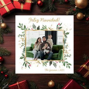 Modern botaniska Greenery Photo Feliz Navidad Julkort