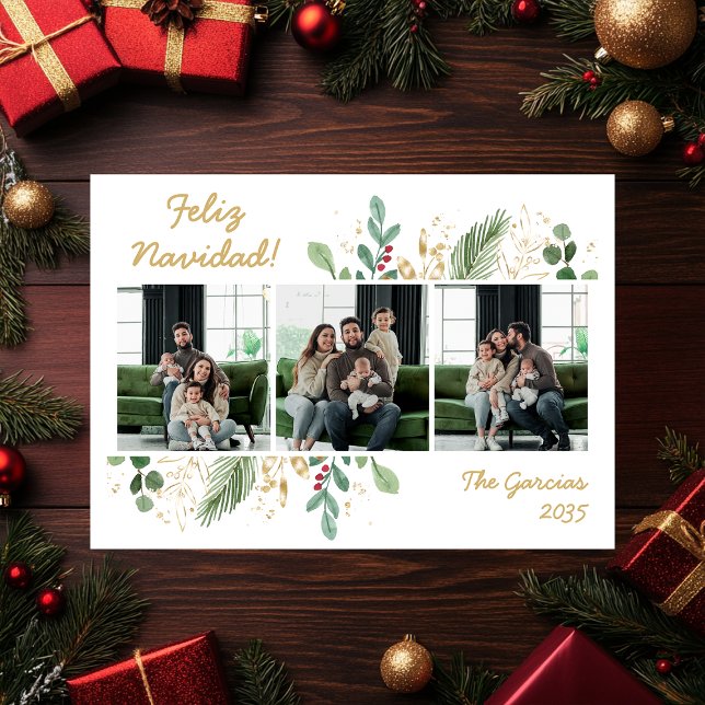 Modern botaniska Greenery Photo Feliz Navidad Julkort (Skapare uppladdad)