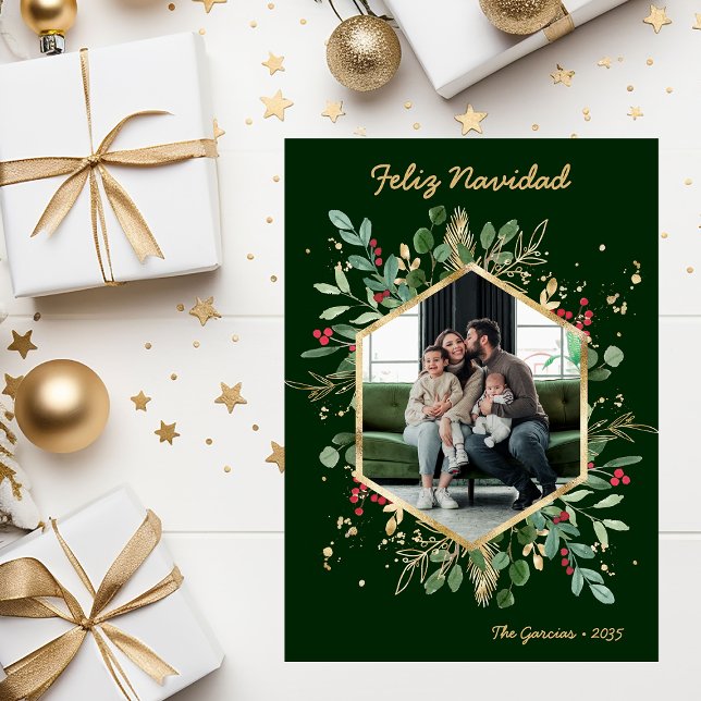 Modern botaniska Greenery Photo Feliz Navidad Julkort (Skapare uppladdad)
