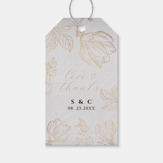 Modern botaniska gyllene Blommigten Grått Bröllop Presentetikett (Framsidan)