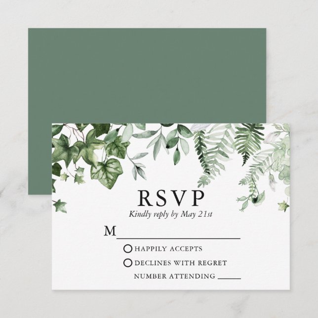 Modern Botaniska ivy Ferns Sage Grönt Bröllop OSA Kort (Fram/baksida)