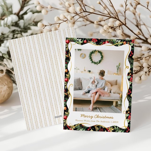 Modern botaniska julklapp, svart och foto Guld 1 Julkort (Skapare uppladdad)