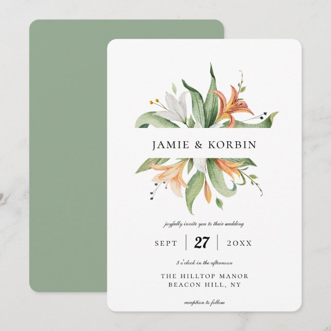 Modern botaniska Lily Blommigt Bröllop Inbjudningar (Fram/baksida)