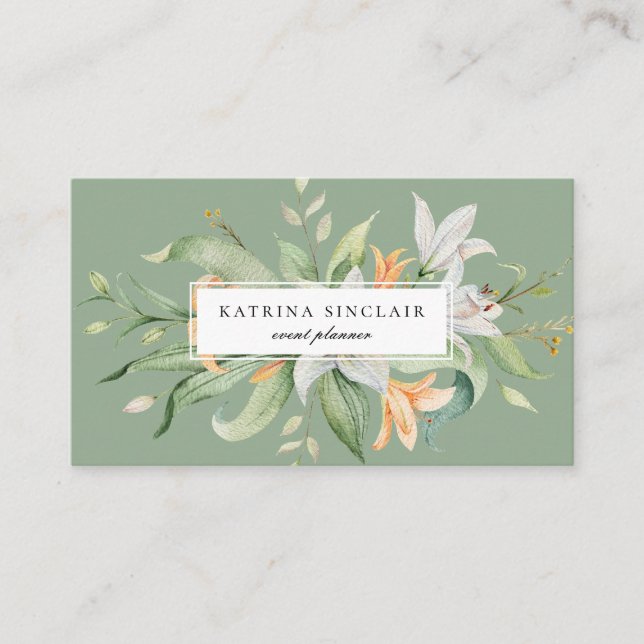Modern botaniska Lily Blommigt Sage-Grönt Visitkort (Framsida)