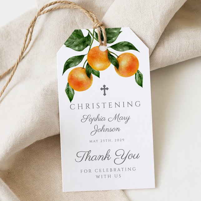 Modern botaniska Orangar Girl Christening Presentetikett (Modern Botanical Oranges Girl Christening Gift Tags)