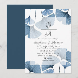 Modern botaniskt Blue Gingko Bröllop Inbjudningar