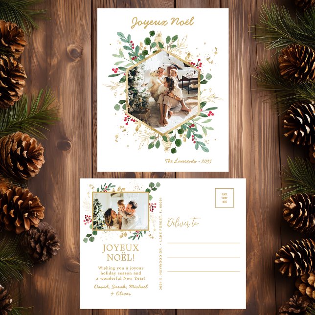 Modern botaniskt Greenery Photo Joyeux Noel Helg Vykort (Skapare uppladdad)