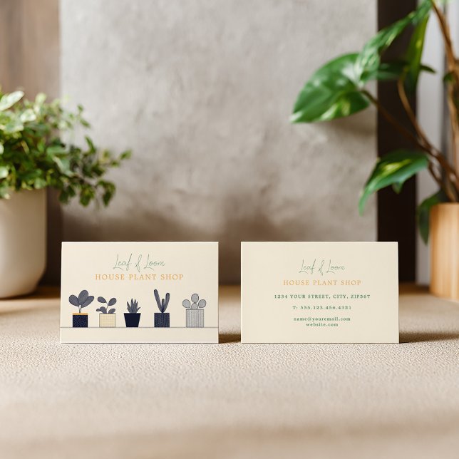 Modern botaniskt house Plant Shop-roligt enkel Visitkort (Modern botanical-themed business card. Featuring a charming lineup of potted plants.)