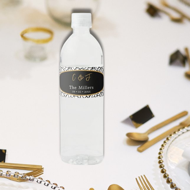 Modern botaniskt monogramdatum Löv Mönster Vattenflaska Etikett (Modern Botanical Leaf Pattern Monogram Date Water Bottle Label)
