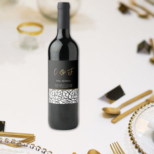 Modern botaniskt monogramdatum Löv Mönster Vinflaska Etikett