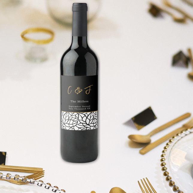 Modern botaniskt monogramdatum Löv Mönster Vinflaska Etikett (Modern Botanical Leaf Pattern Monogram Date Wine Label)