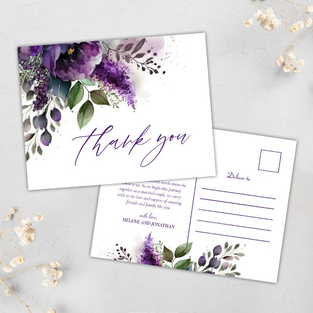 Modern botaniskt skript Elegant bröllop Tack Vykort (Modern Botanical Script Elegant Wedding Thank You Postcard)