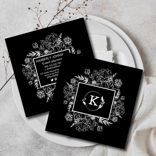 Modern botaniskt svart vitt Affärskort Fyrkantigt Visitkort (Modern Botanical Black White Business Card #blackwhite #modern #rustic #wildflower)