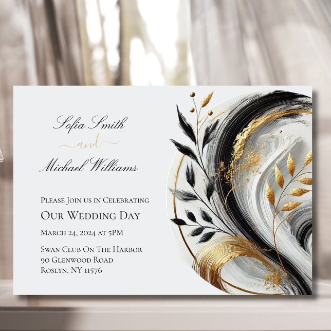 Modern Botaniskt svart vitt och Guld Bröllop-Inv Inbjudningar (Modern Botanical Black White and Gold Wedding Invitation)