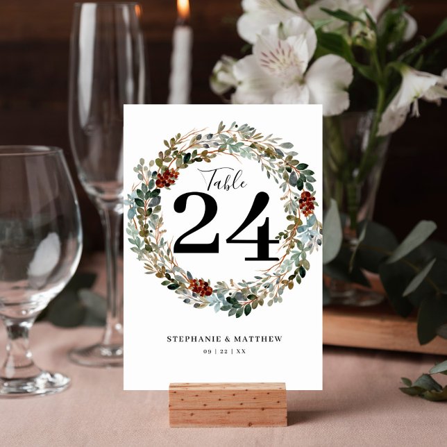 Modern botaniskt vattenfärgsutandning Bröllop Bordsnummer (Winter watercolor wreath boho design table number card is perfect for your wedding reception.)