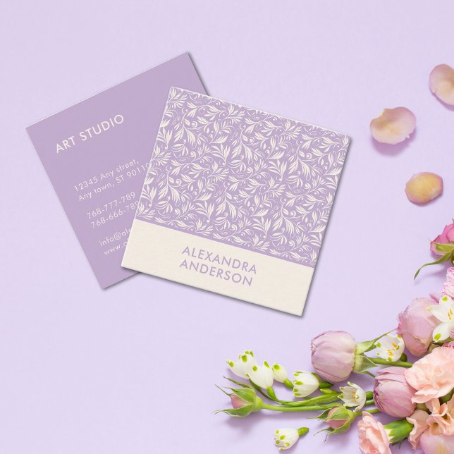 Modern Botaniskt Violet Lövs Mönster Lavender Fyrkantigt Visitkort (Modern Botanical Violet Leaves Pattern Lavender Square Business Card)
