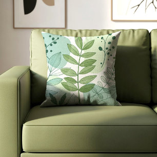 Modern botansk bladsmönster i salvia grön kudde