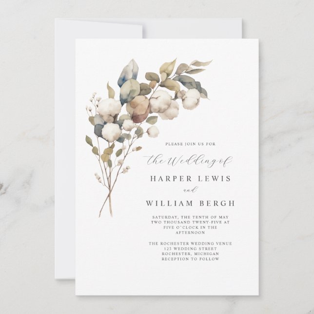 Modern bouqetorfärgad bomull qr-kod bröllop inbjudningar (Framsida)