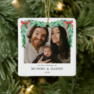 Modern Bow Första jul som mamma och pappa Photo Julgransprydnad Keramik