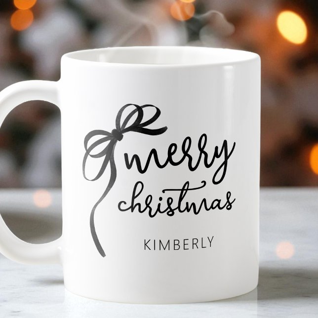 Modern Bow-God jul för svart och vitt skript Kaffemugg (Black and White Script Modern Bow Merry Christmas Coffee Mug)