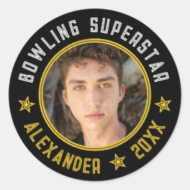 Modern Bowling Superstjärna Namn Foto Datum Svart Runt Klistermärke
