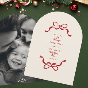 Modern Bows Cream Red Photo christmas arch card Inbjudningar