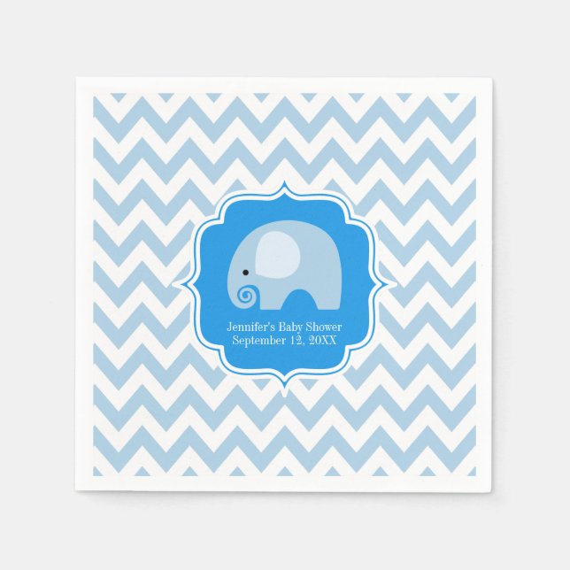 Modern Boy Blue Elephant Baby Shower Chevron Pappersservett (Framsidan)