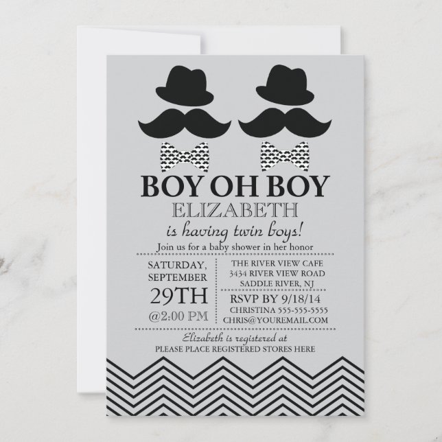 Modern Boy Little Man Mustache TWILLINGARS Baby Sh Inbjudningar (Framsida)