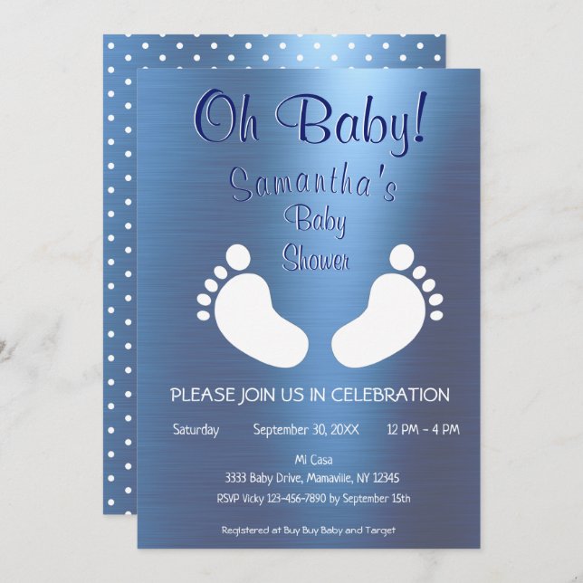 Modern Boy Oh Baby Shower Foot Print Inbjudningar (Fram/baksida)