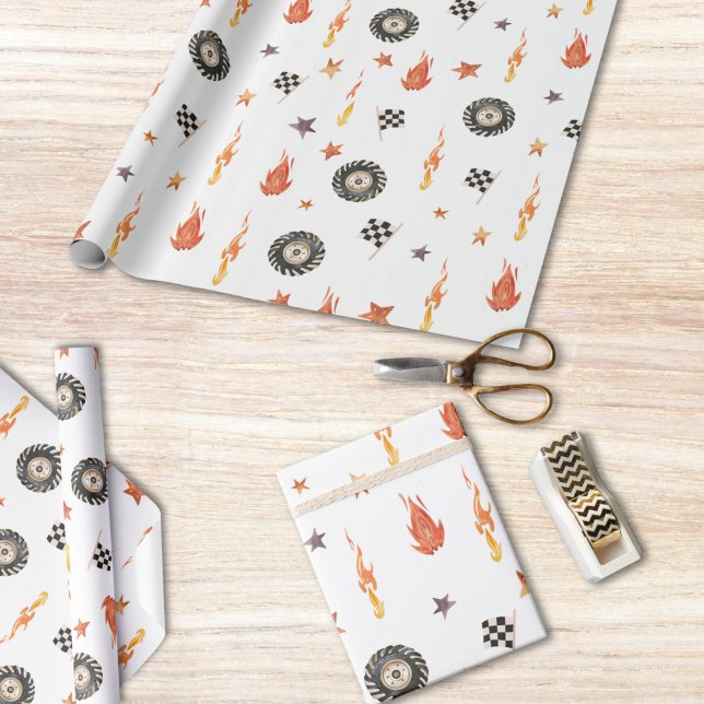 Modern Boys Lastbilar Tävla Checkers Watercolor Presentpapper (Skapare uppladdad)