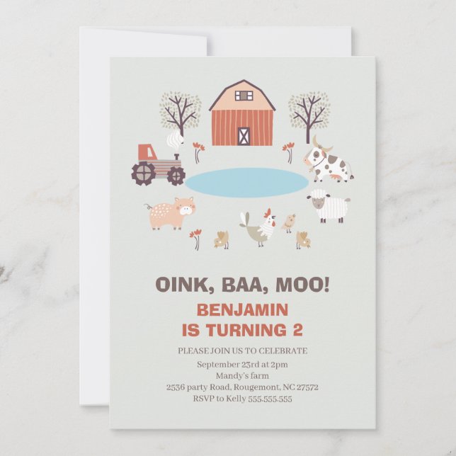 Modern Boys Oink Baa Moo Farm Birthday-inbjudan Inbjudningar (Framsida)