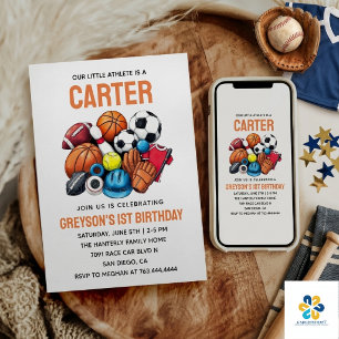 Modern Boys Sports Balls All Star 1-års födelsedag Inbjudningar