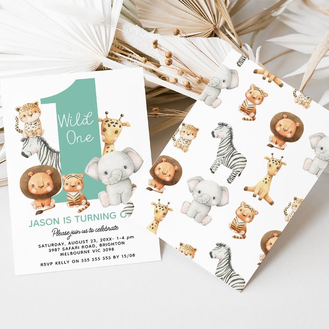 Modern Boys Vild One Safari Animals 1:a födelsedag Inbjudningar (Wild one themed boys 1st birthday invitation with cute safari animals and large number.)