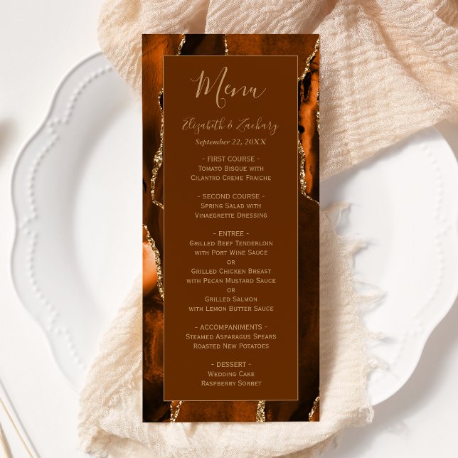 Modern bränd Orange Guld Agate Brown Bröllop Meny (Skapare uppladdad)