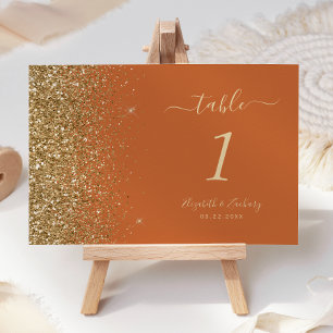Modern bränd Orange Guld Glitter Kant Bröllop Bordsnummer