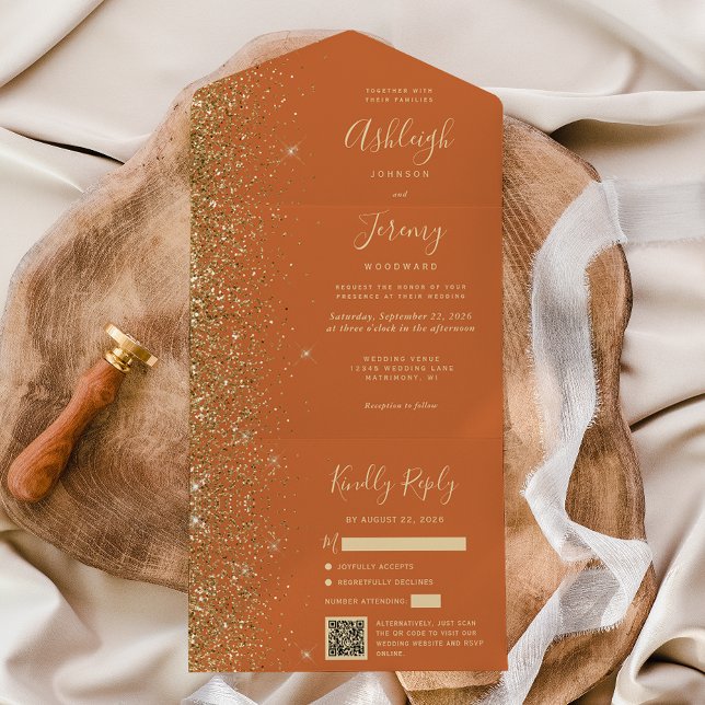 Modern Bränd Orange Guld Glitter QR-kod Bröllop (Skapare uppladdad)