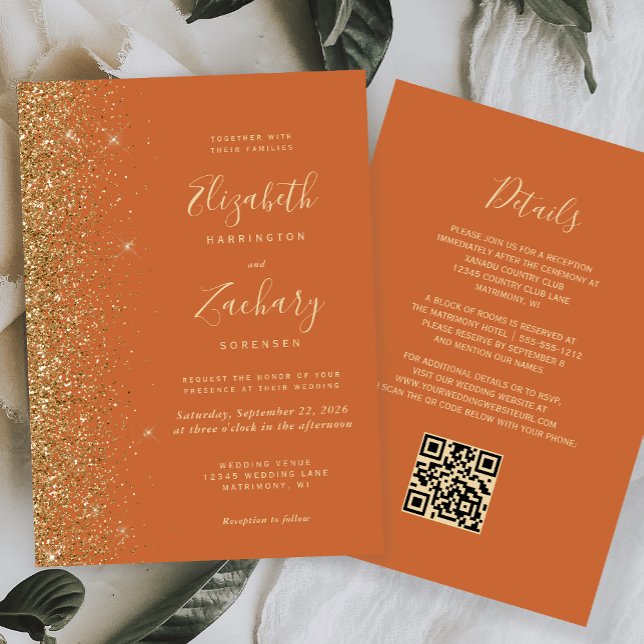 Modern Bränd Orange Guld Glitter QR-kod Bröllop Inbjudningar (Skapare uppladdad)