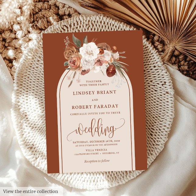 Modern bränd Orange Pampas Grass Blommigt Bröllop Inbjudningar (Modern Burnt Orange Pampas Grass Floral Wedding Invitation)